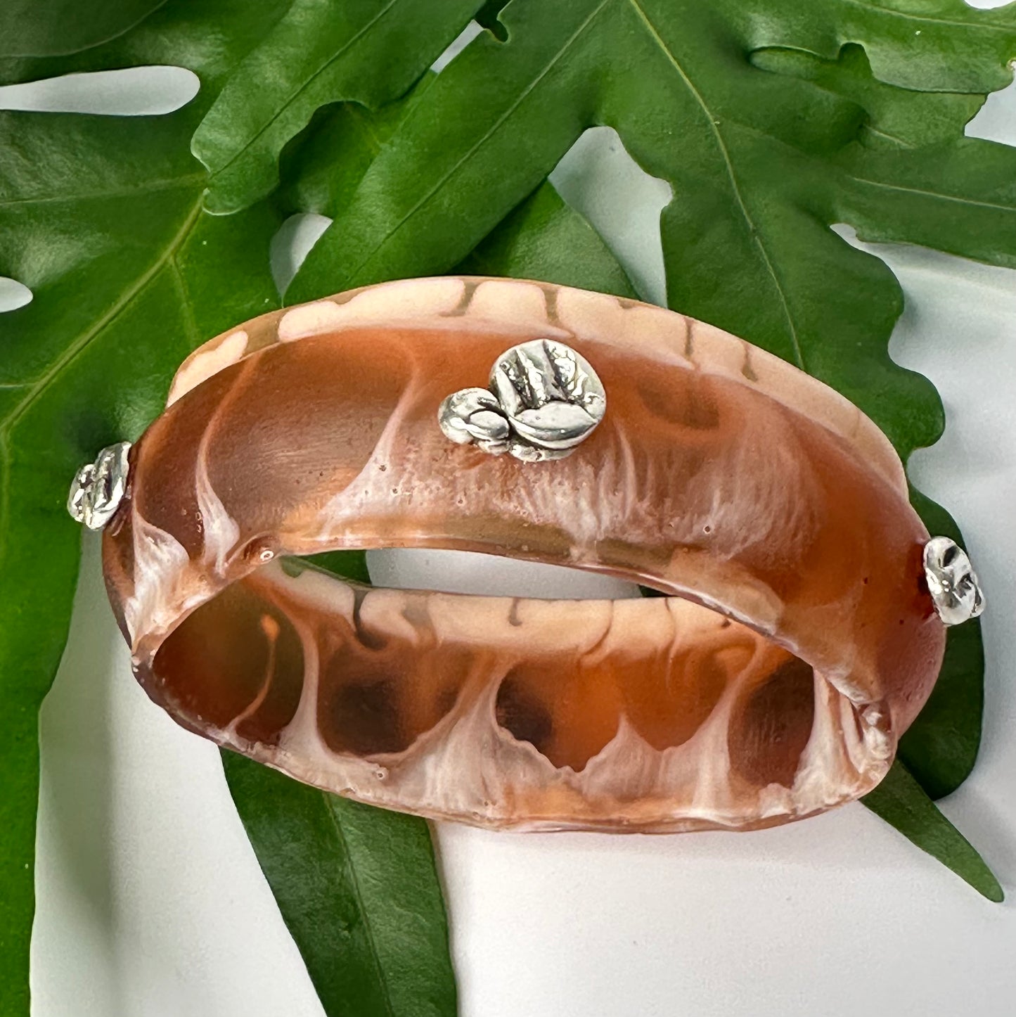 Brown/white swirl Resin & silver wide bangle