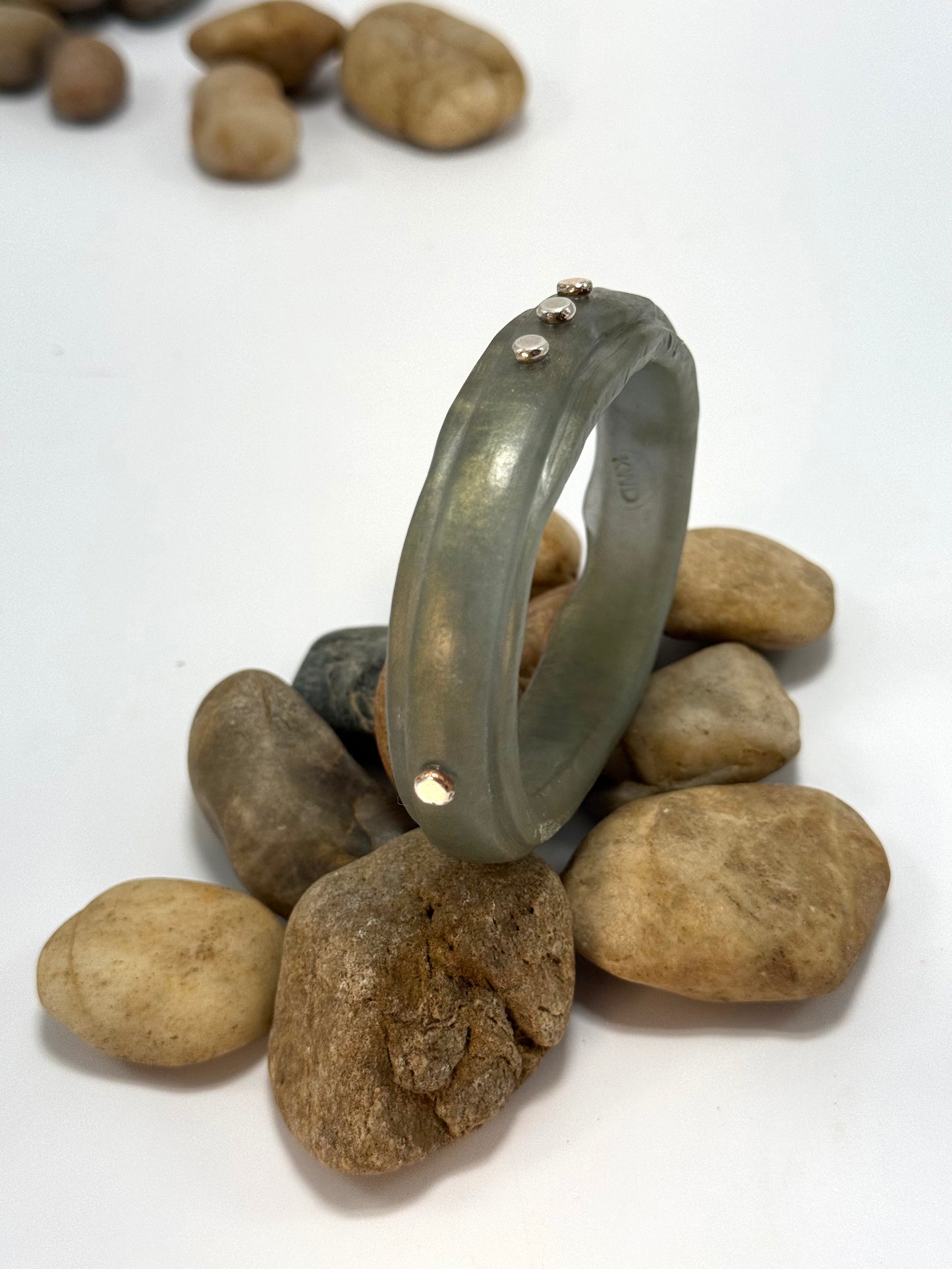 Moss green resin rim bangle with sterling silver rivets