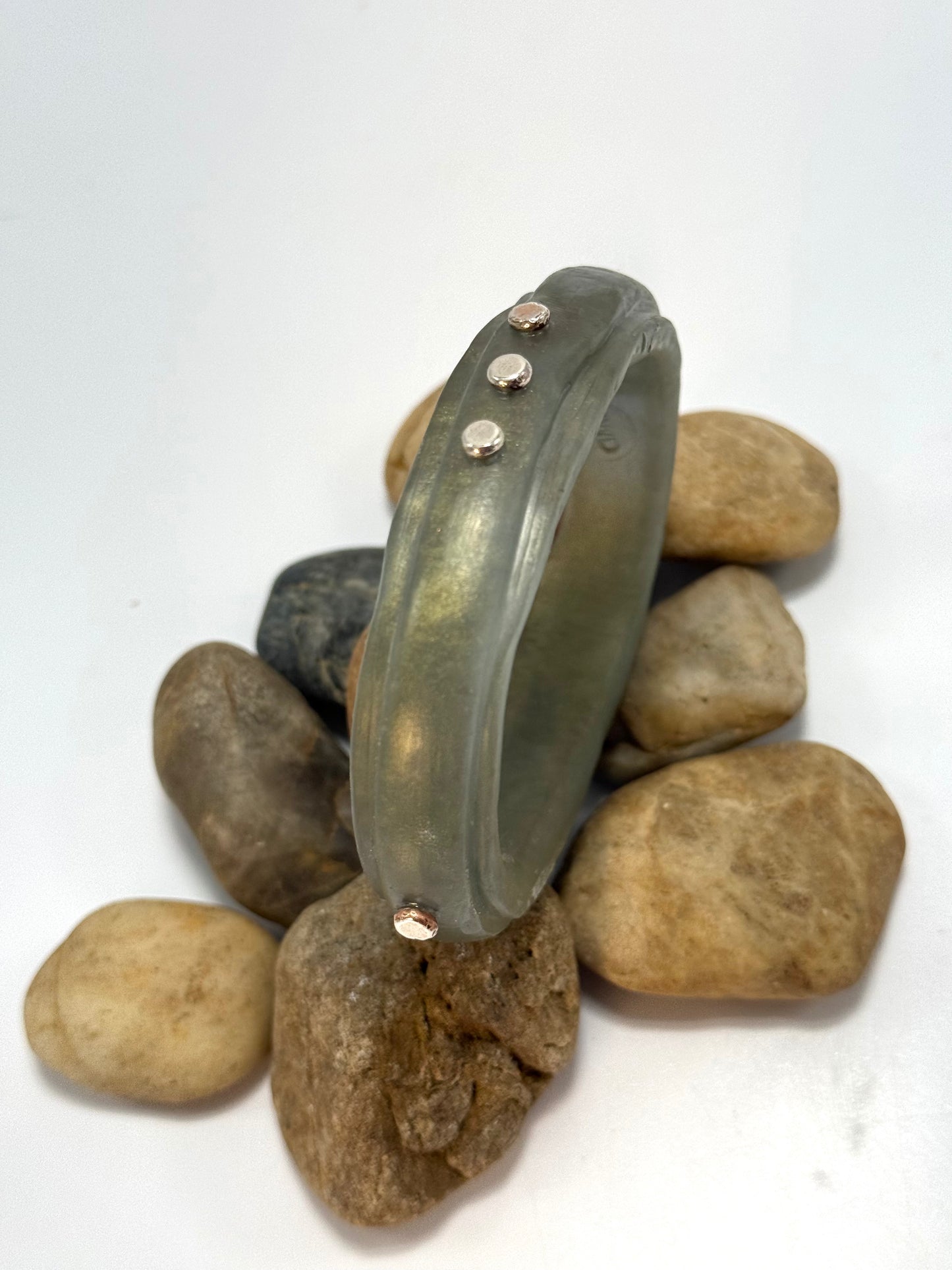 Moss green resin rim bangle with sterling silver rivets