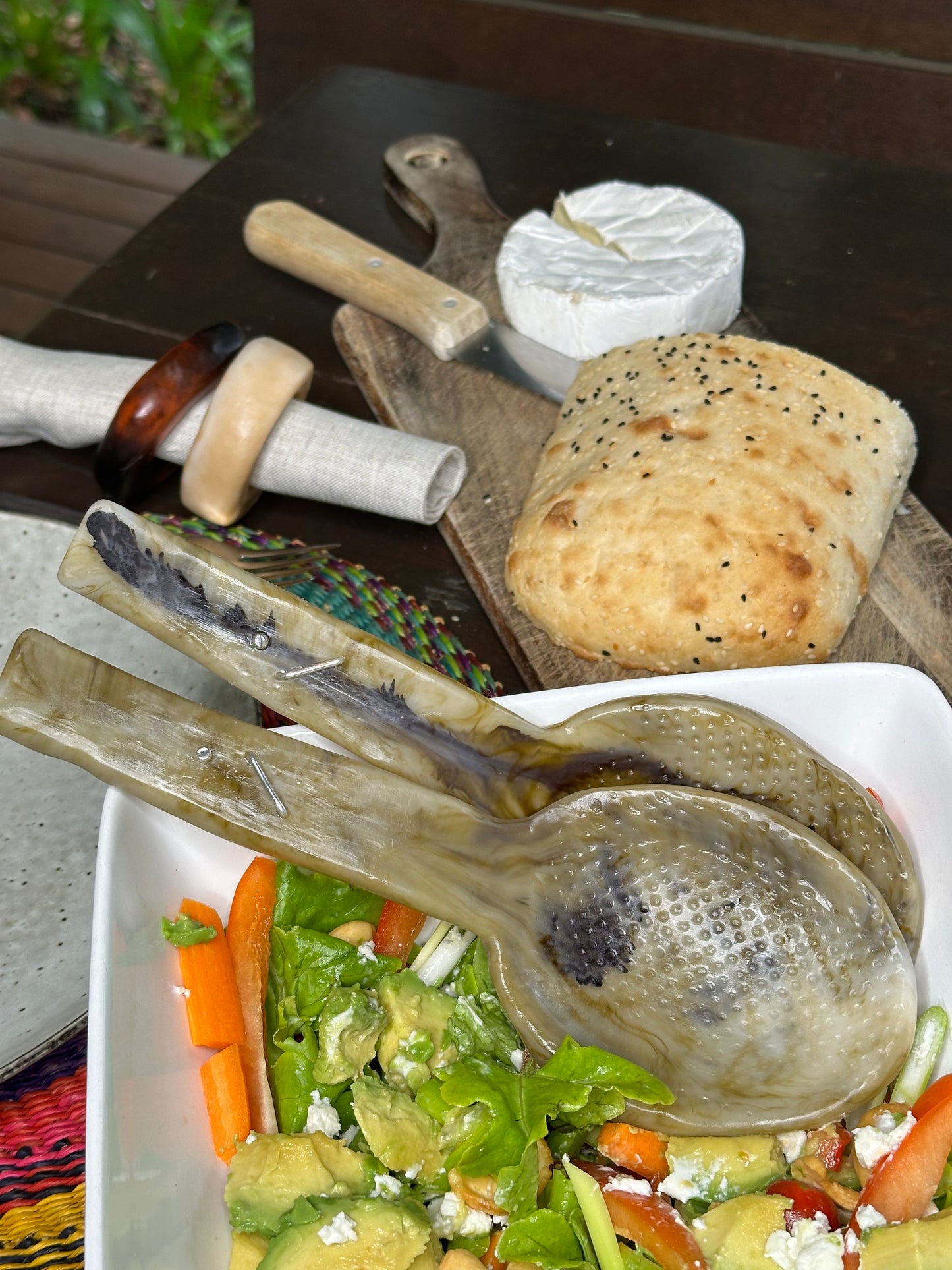 Salad Servers - Bone coloured with black swirl