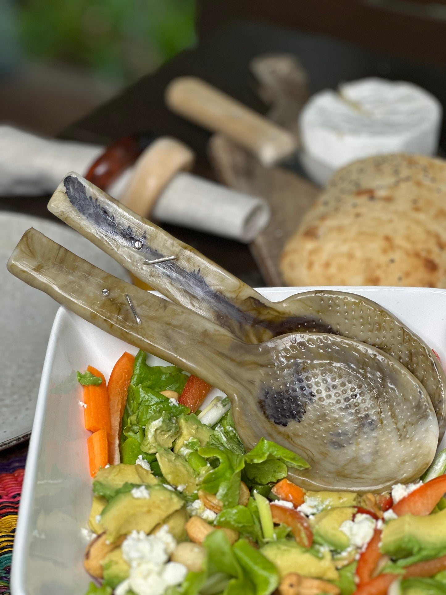 Salad Servers - Bone coloured with black swirl