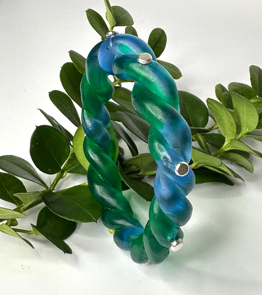 Multi coloured Blue & Green twisted resin & silver bangle
