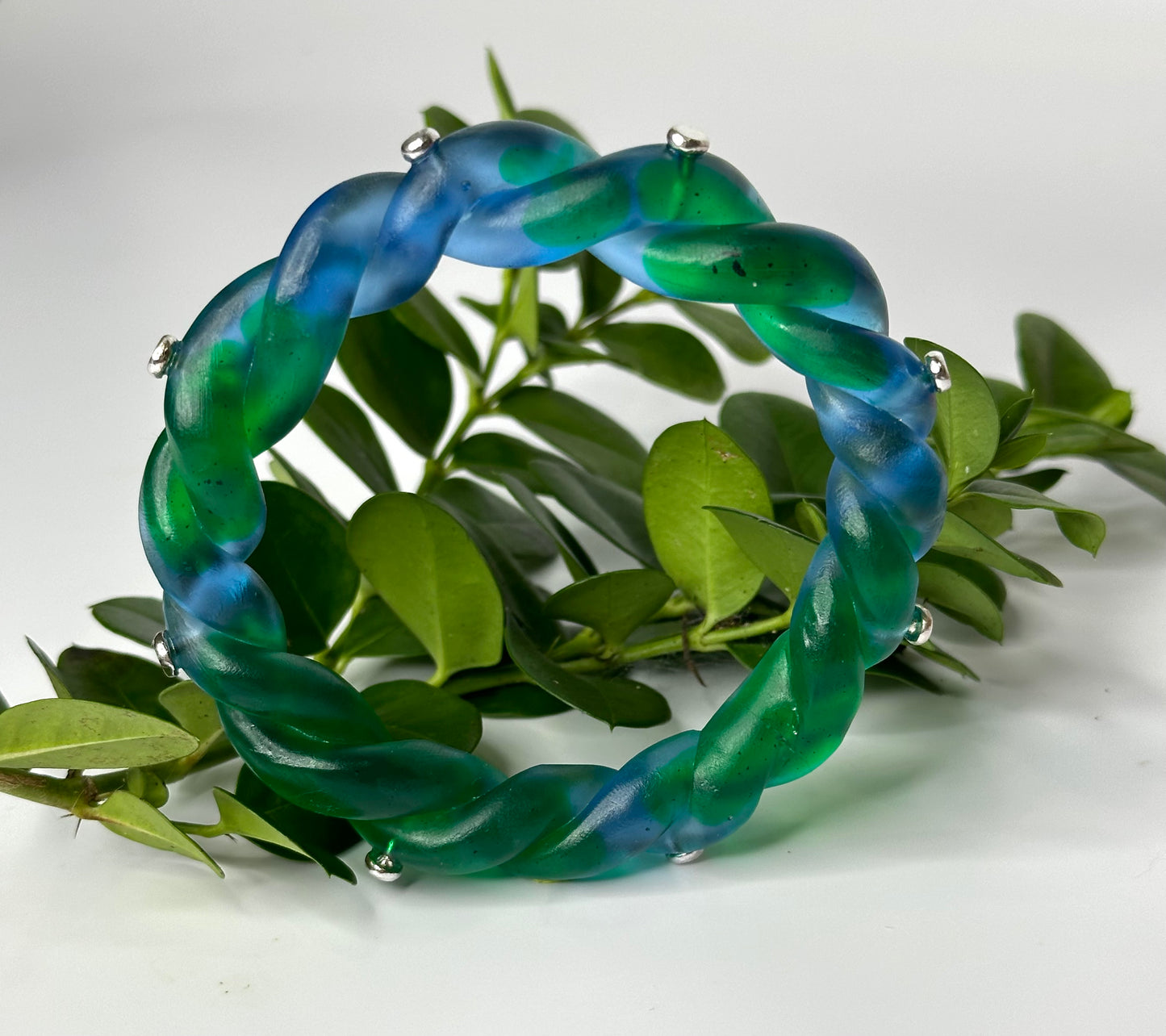 Multi coloured Blue & Green twisted resin & silver bangle
