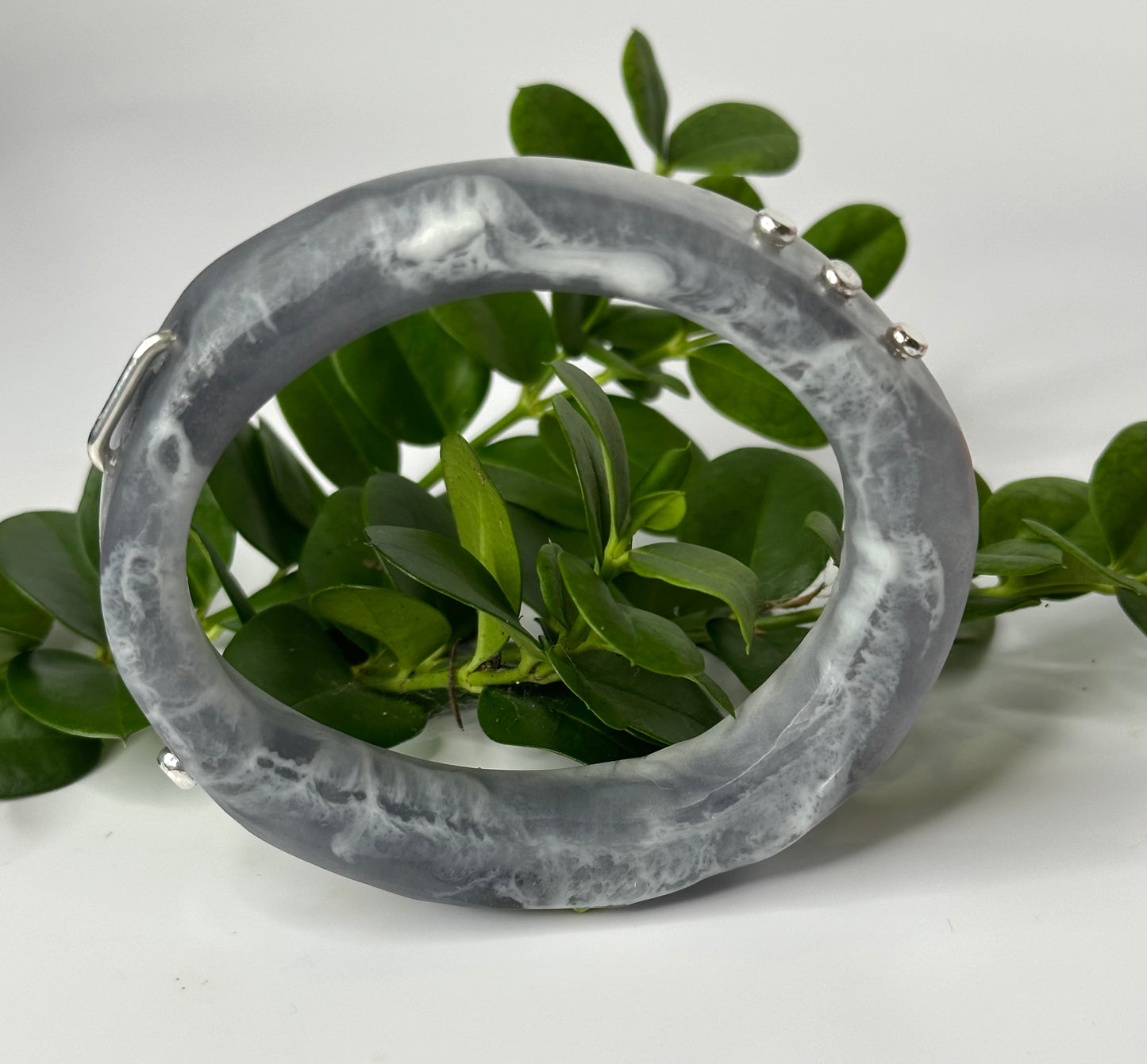 Dusty Blue/white swirl resin & silver woopy bangle